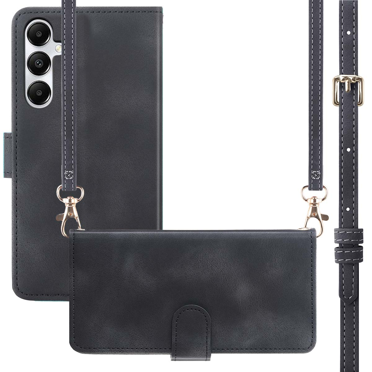 Zwarte leren telefoonportemonnee met riem, open en dicht.