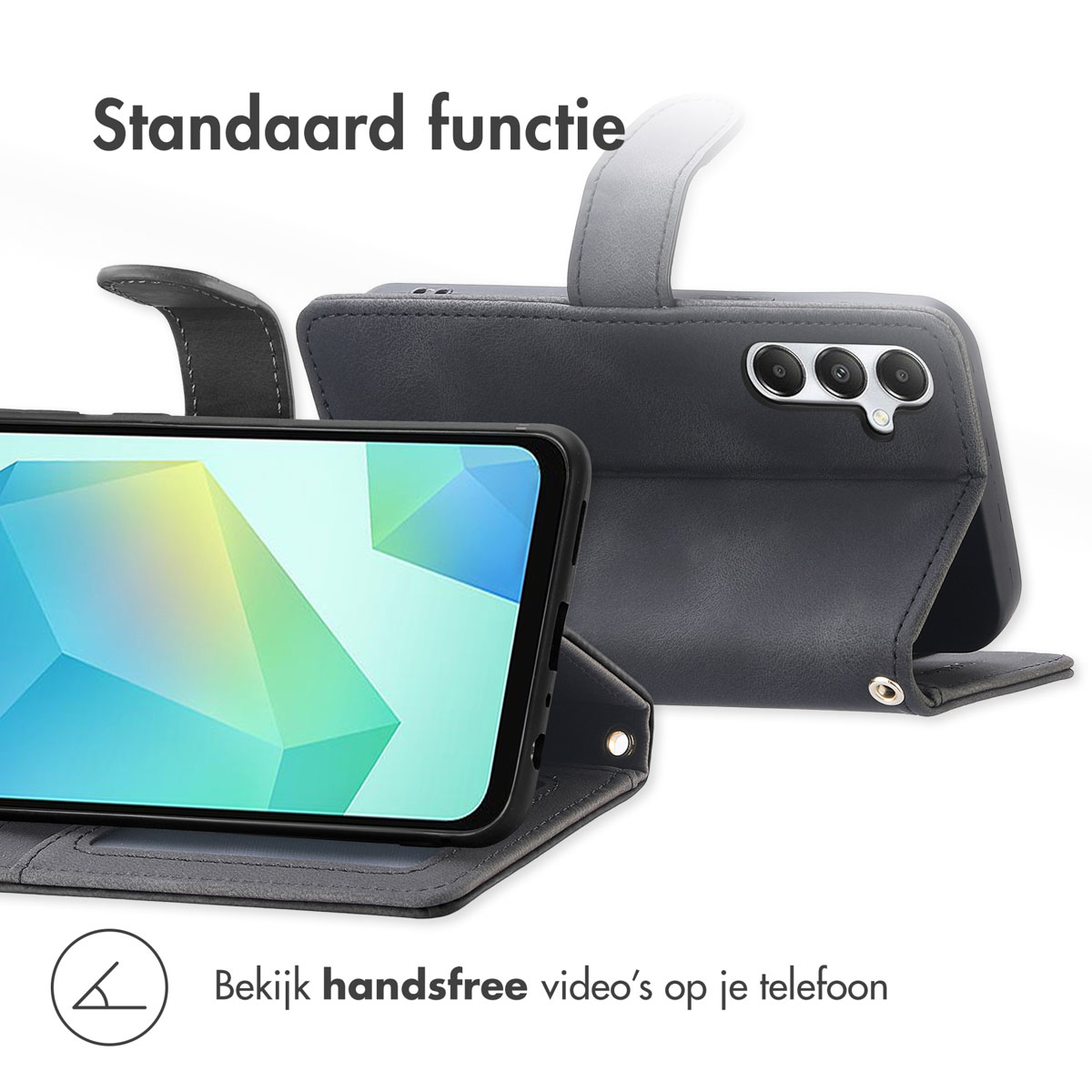 Telefoonhoes met standfunctie. Telefoon weergegeven in stand.