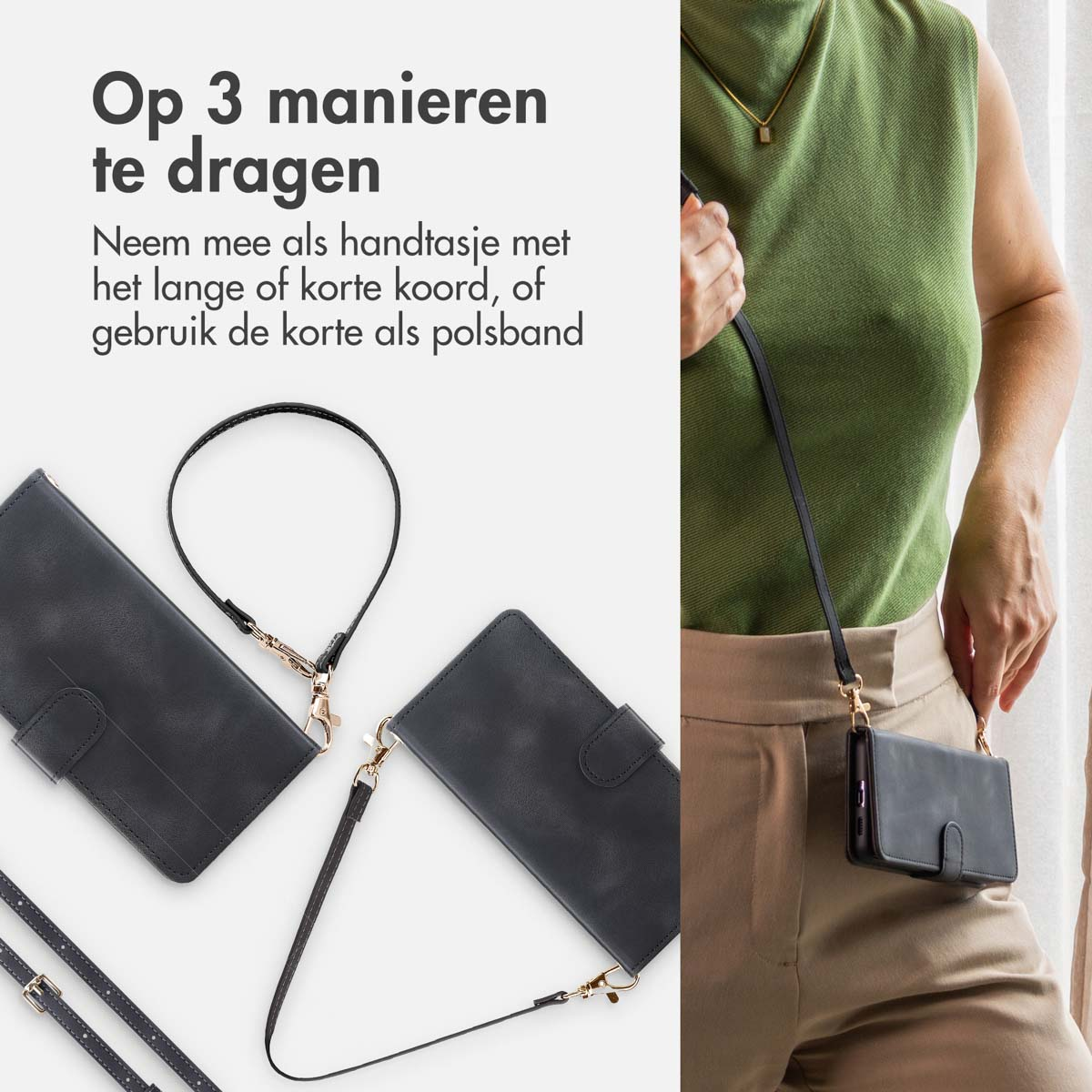 Vrouw met telefoonhoesje. Hoesjes hebben opties voor het vasthouden. Drie manieren om de telefoon te dragen: tas, pols en nek.