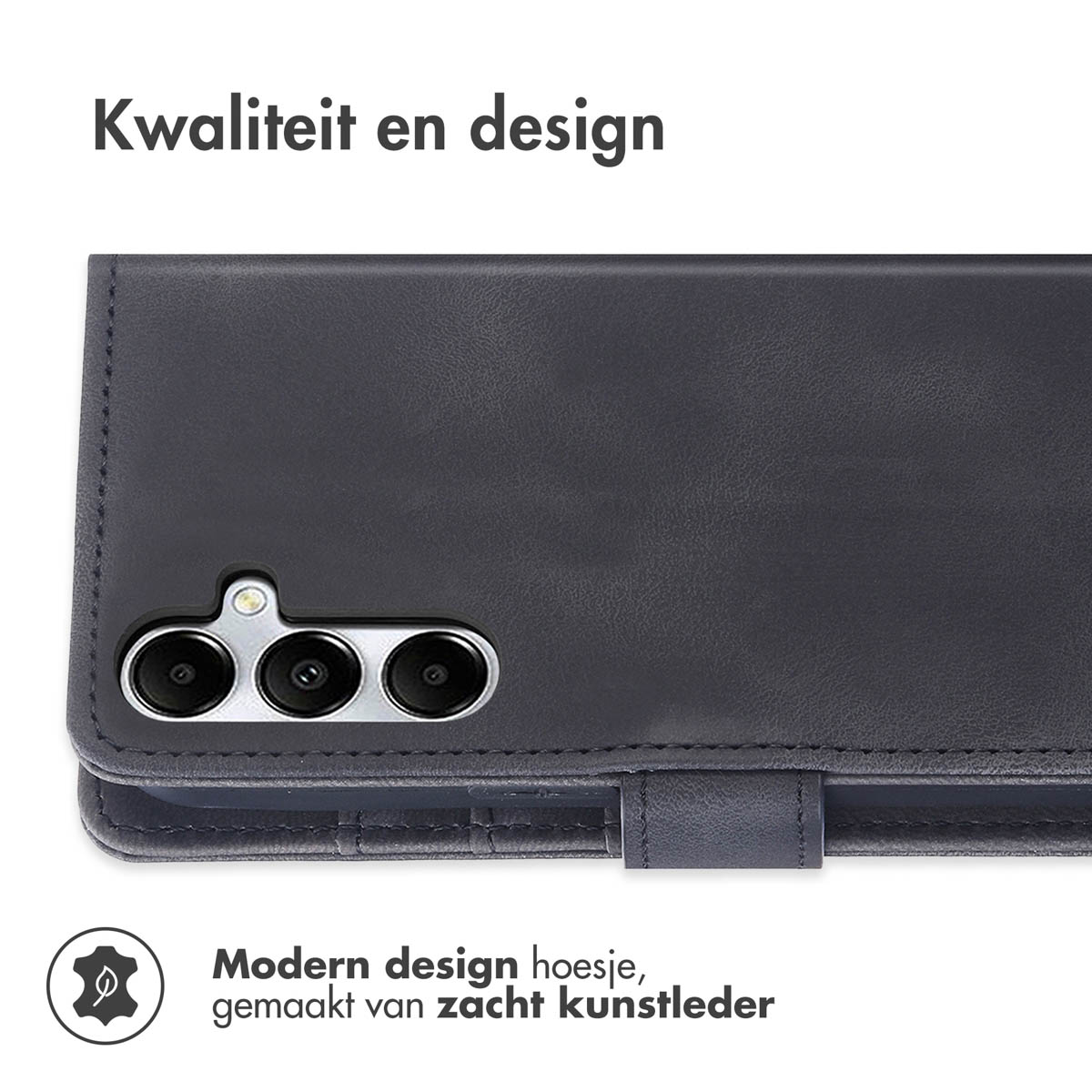 Donkerblauwe telefoonhoes, close-up, met tekst over het ontwerp en materiaal.