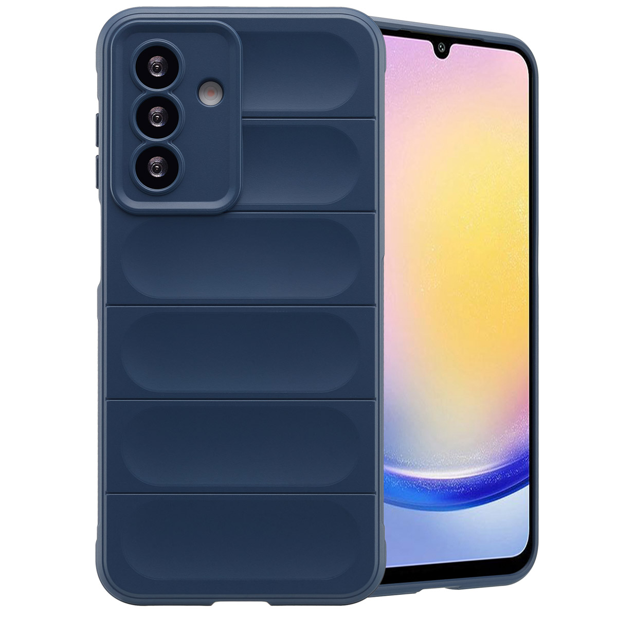 Coque de téléphone bleue avec un design bleu foncé. La coque a un appareil photo et un téléphone à l'intérieur.