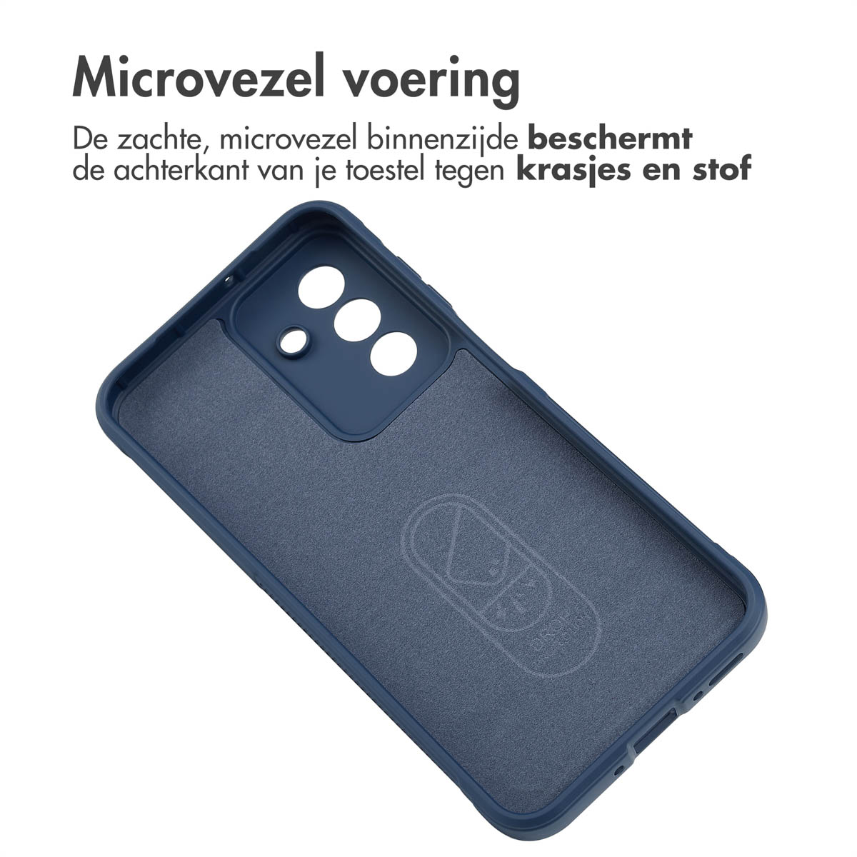 Intérieur d'étui de téléphone bleu foncé avec doublure en microfibre et logo de la marque.