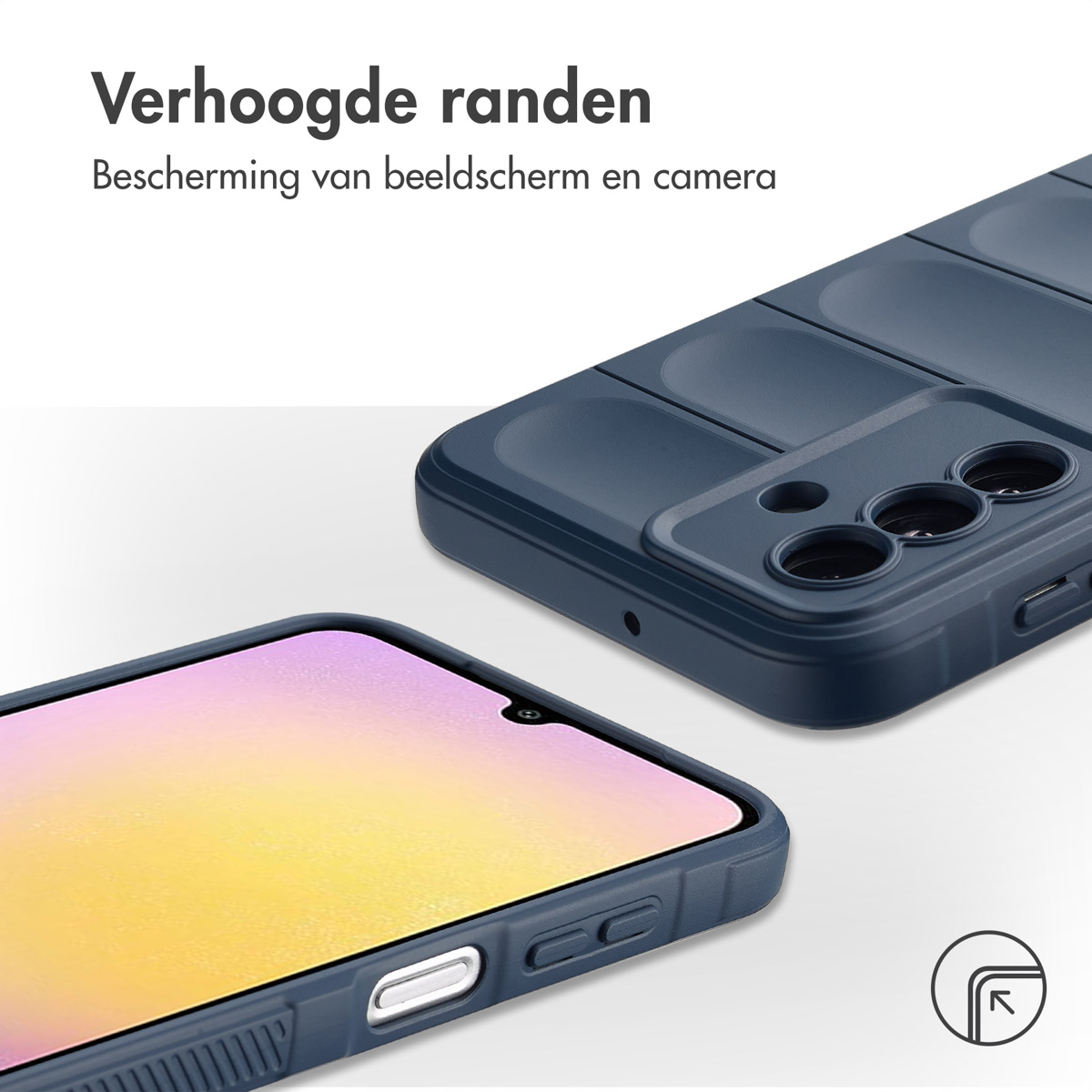 Gros plan d'une coque de téléphone bleu marine protégeant un téléphone. La coque a des bords surélevés pour l'écran et la caméra.