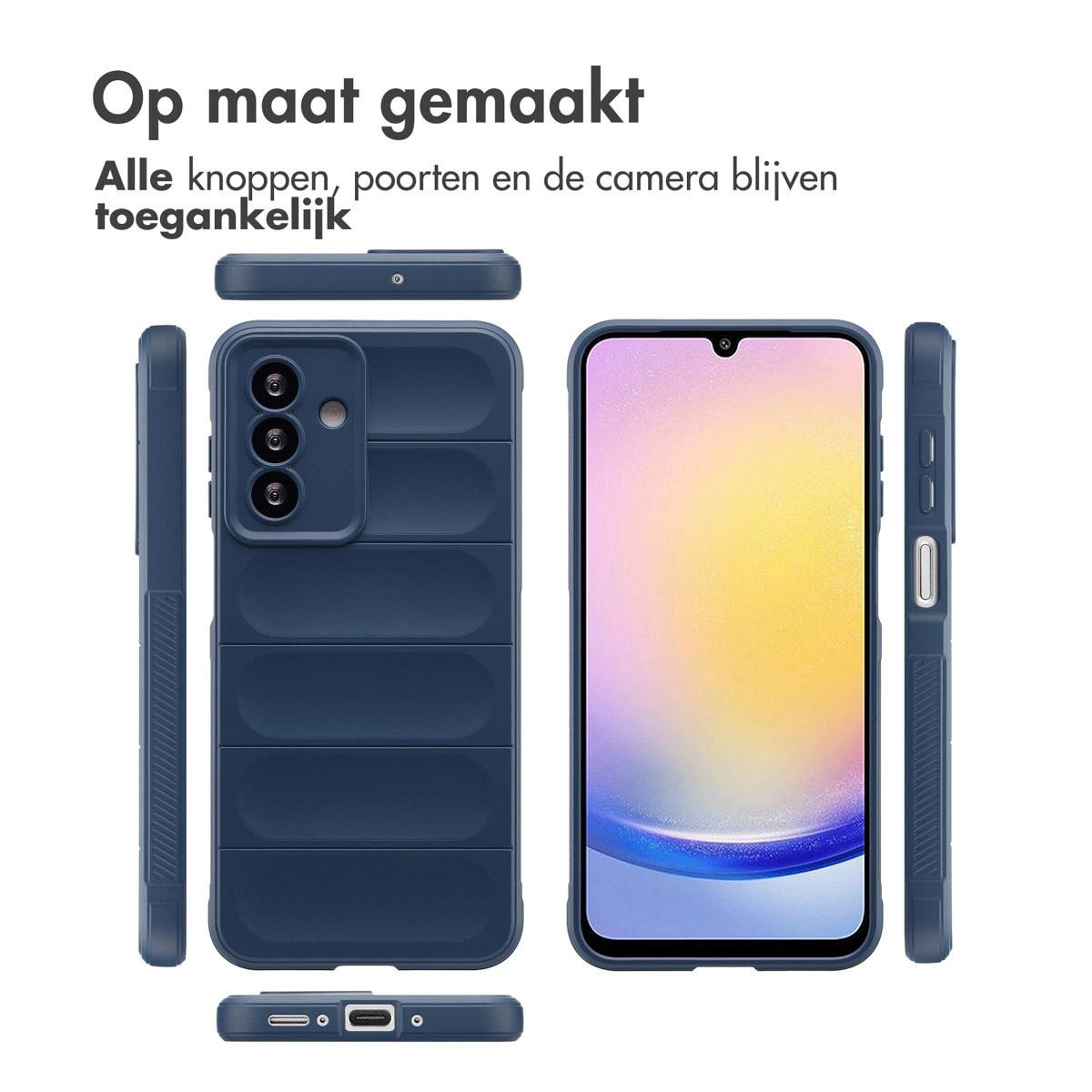 Coque de téléphone bleue avec des découpes. Le téléphone est dans plusieurs positions. Le fond est blanc.
