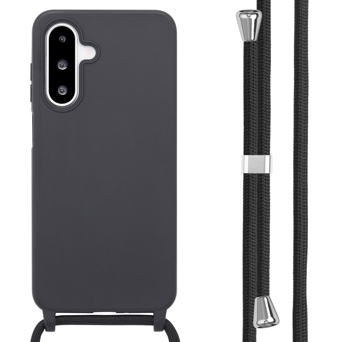 Gray phone case with a black strap. Case has a camera and a phone inside of it.