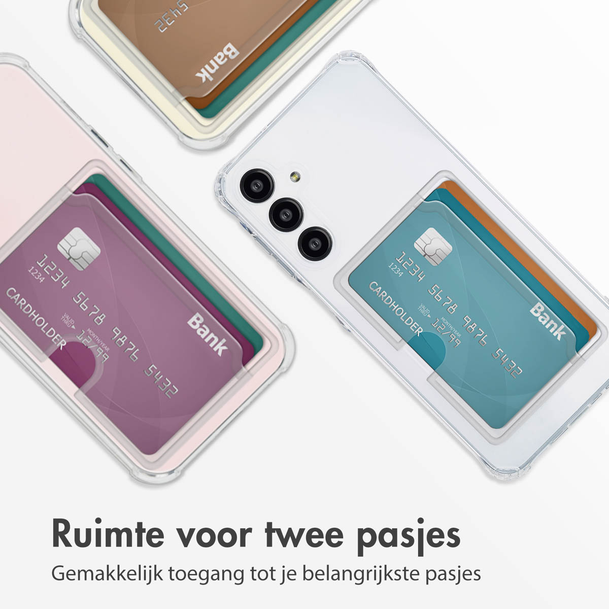 Custodie per telefono con scomparti per carte. Vengono mostrate due custodie con carte, che offrono spazio per due carte.