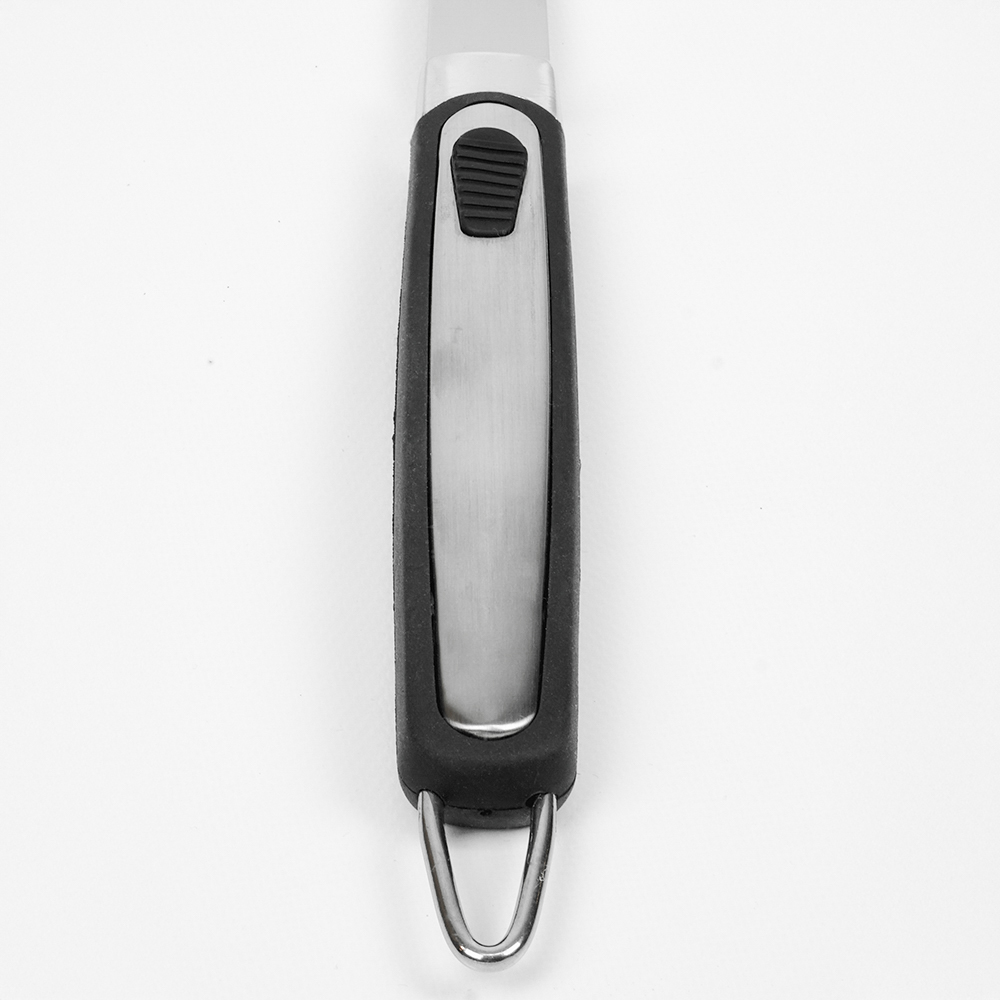 Metal cooking utensil handle, black rubber grip, and loop. White background.