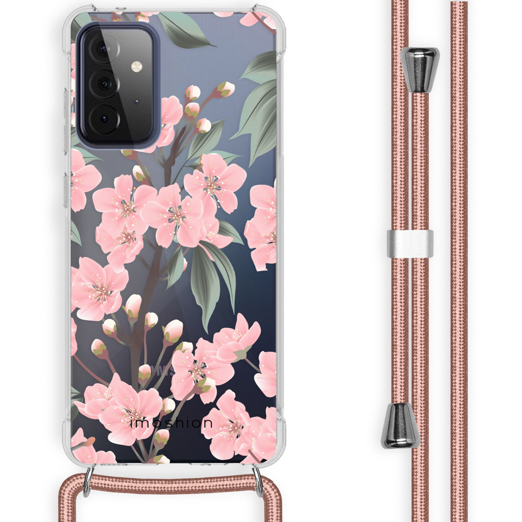 Telefoonhoesje met roze bloemenpatroon en roze koord. De merknaam 'imoshion' is zichtbaar.