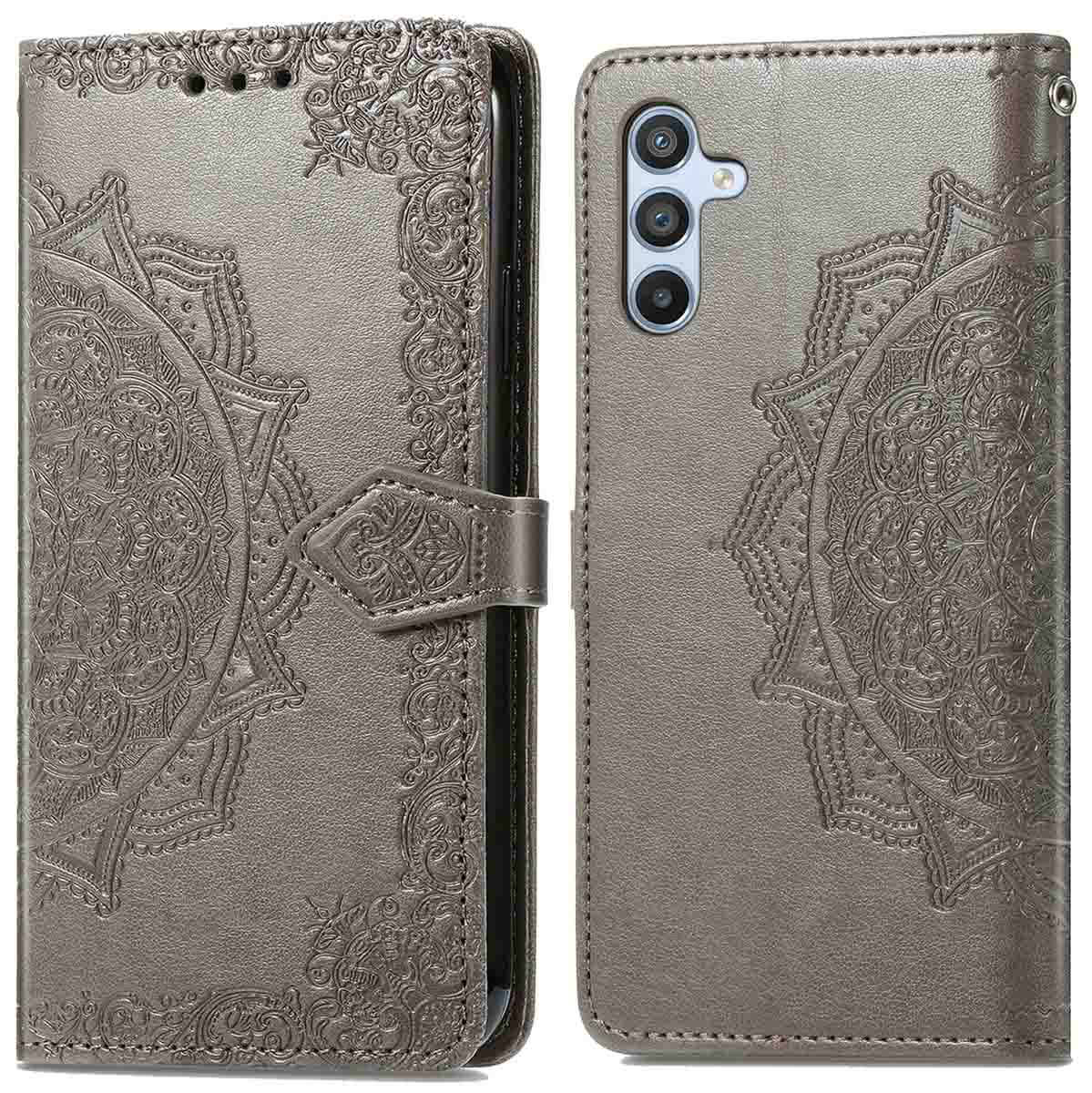 Étui de téléphone gris avec motif mandala. Étui ouvert à gauche, téléphone à droite. Fermeture à boucle.