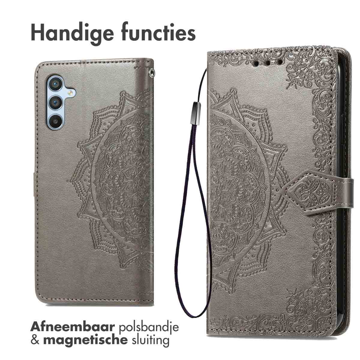 Coque de téléphone grise avec un motif mandala. Dispose d'une dragonne amovible et d'une fermeture magnétique. Téléphone et coque visibles.