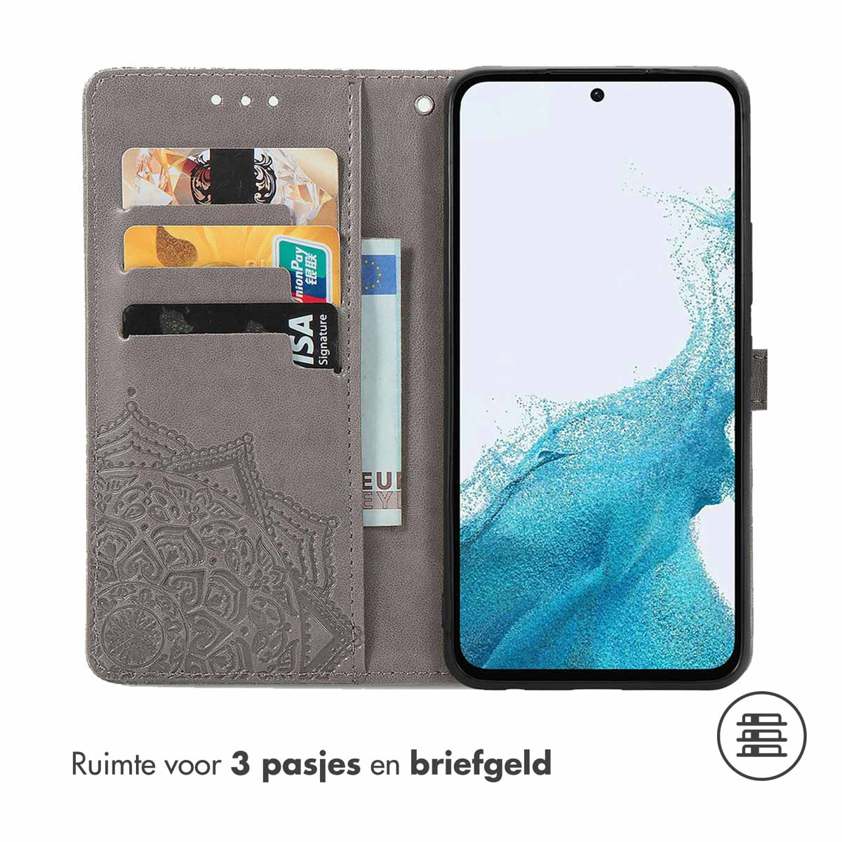 Étui de téléphone gris, ouvert, avec des fentes pour cartes, un téléphone et de l'argent. L'écran est noir.
