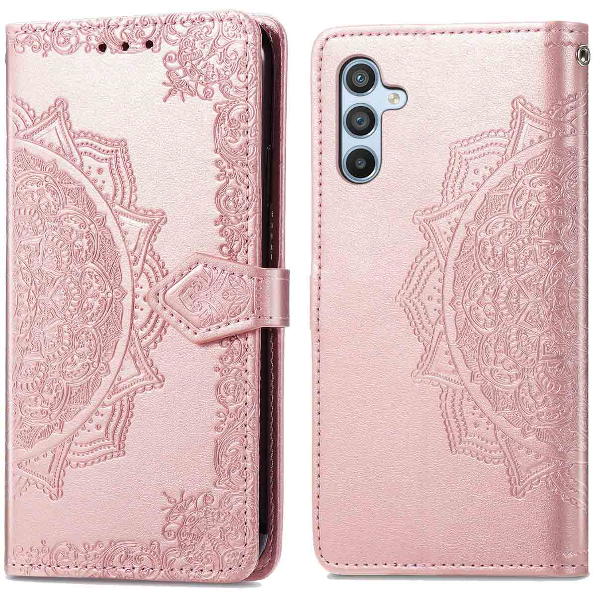Rosa Handyhülle mit Mandala-Design, offen und geschlossen gezeigt.