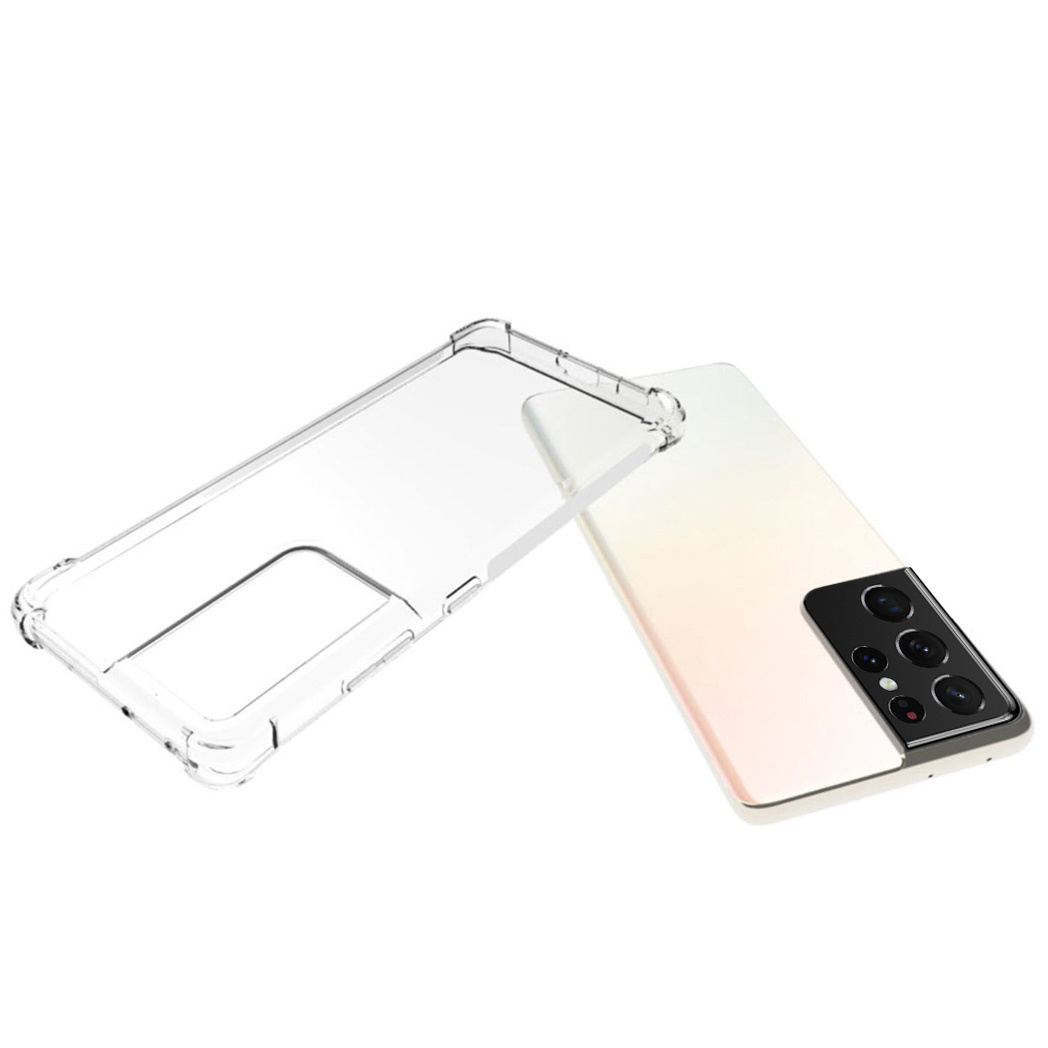Custodia trasparente con un telefono all'interno, accanto alla custodia.