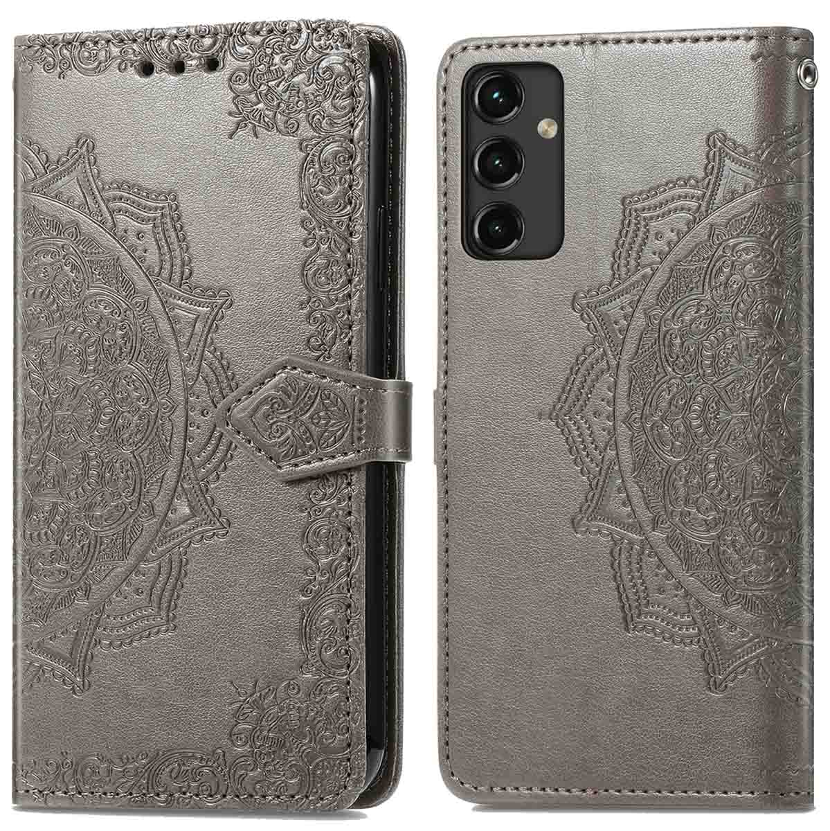 Grijze telefoonportemonnee met mandala-ontwerp, houdt de telefoon, kaarten en geld vast. Decoratieve bloemenranden.
