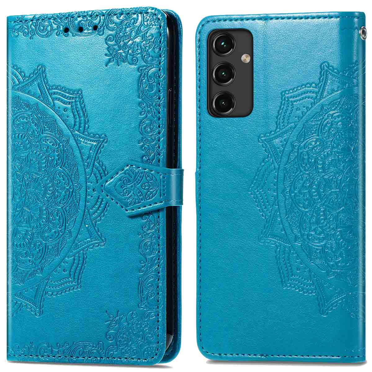 Blauwe mandala telefoonhoes, open en dicht, met een telefoon erin.