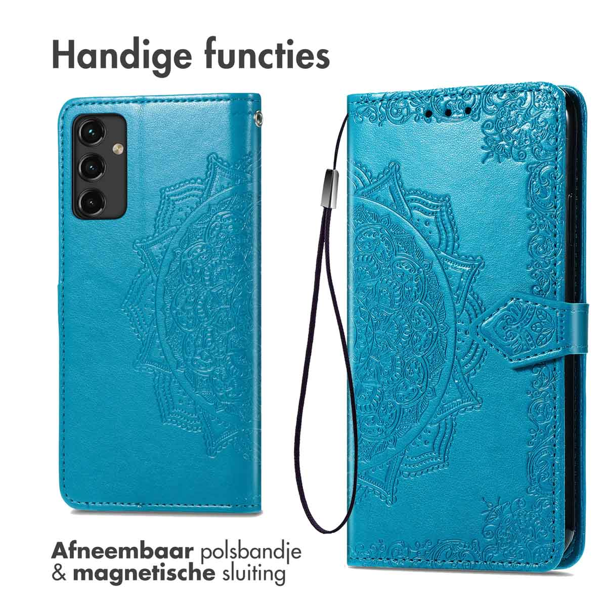 Turquoise telefoonhoes met mandala-ontwerp, afneembare polsband en magnetische sluiting.
