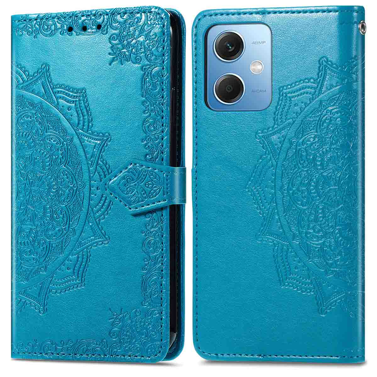 Étui bleu mandala, ouvert et fermé, avec un téléphone à l'intérieur.