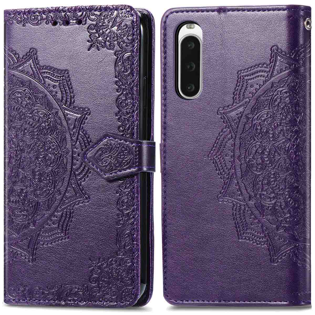 Paarse telefoonhoes met mandala-ontwerp, telefoon rechts, open hoes links.