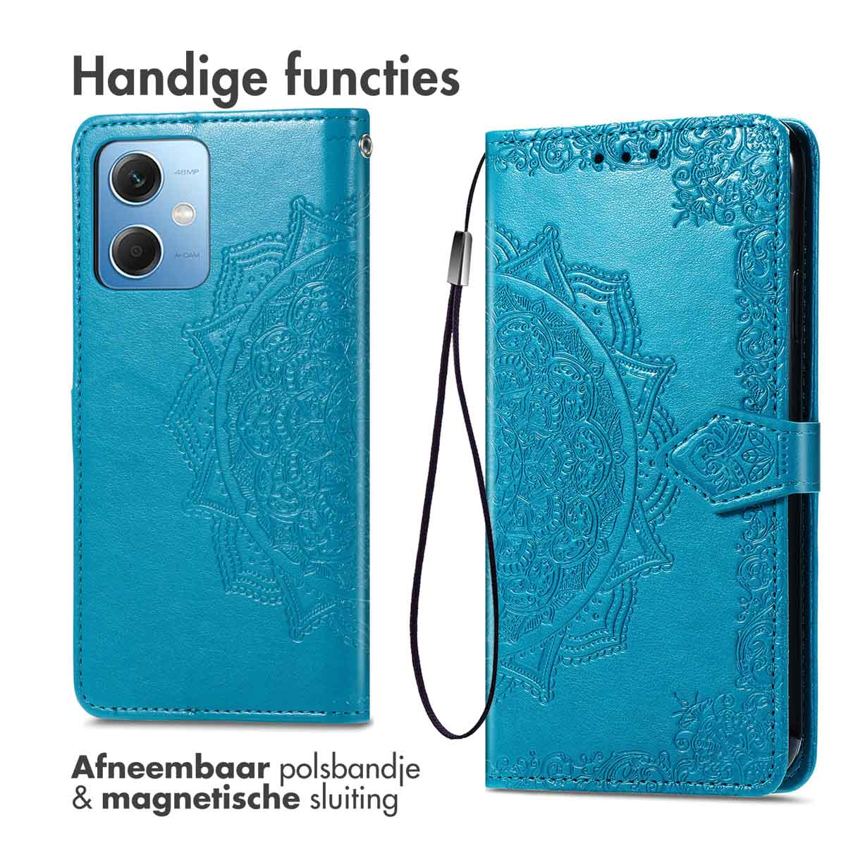Coque de téléphone bleue avec motif mandala. La coque est ouverte et fermée, montre le téléphone et la lanière.
