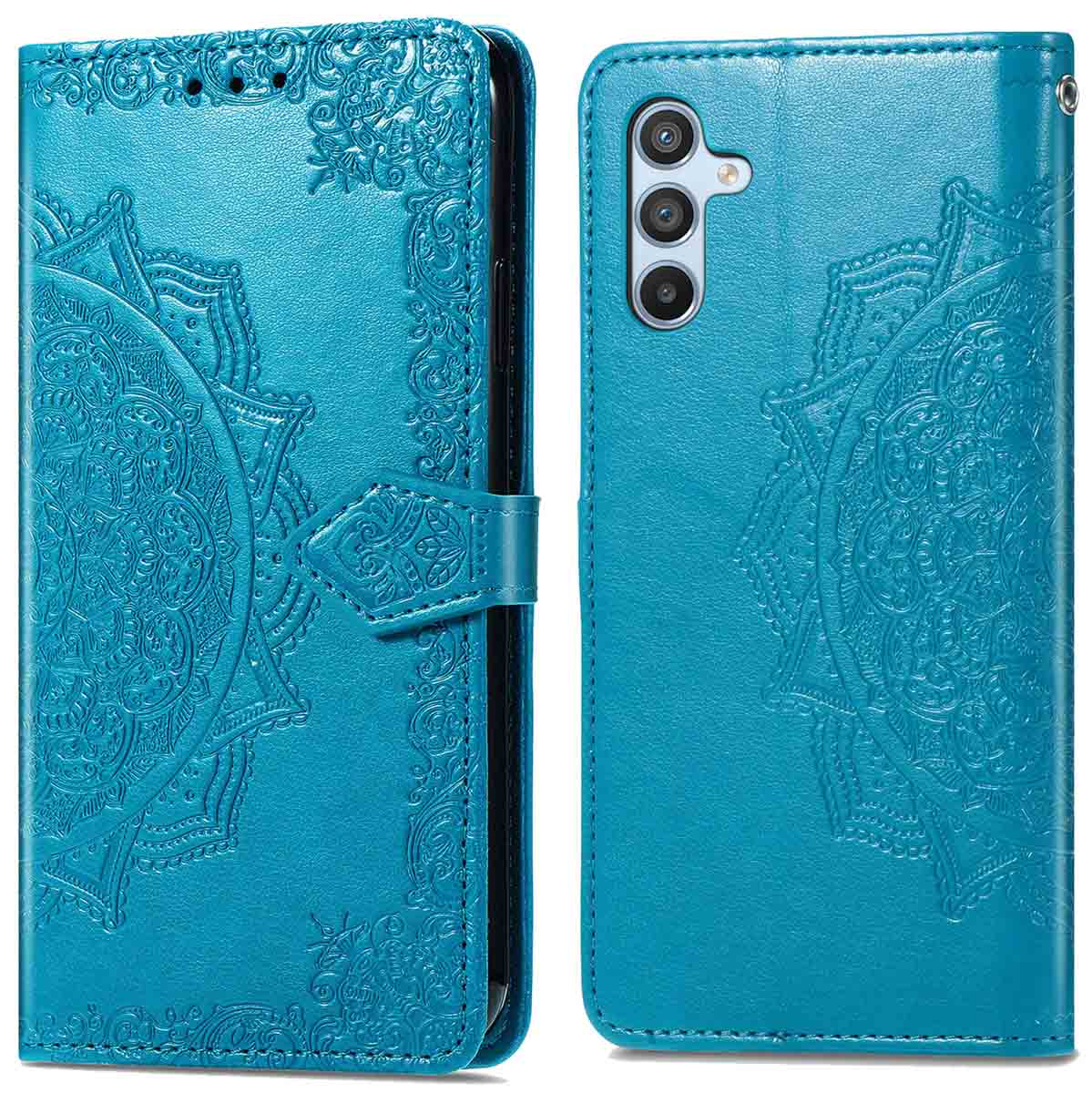 Blauwe telefoonhoes open met een telefoon. De hoes heeft een mandala-patroon.