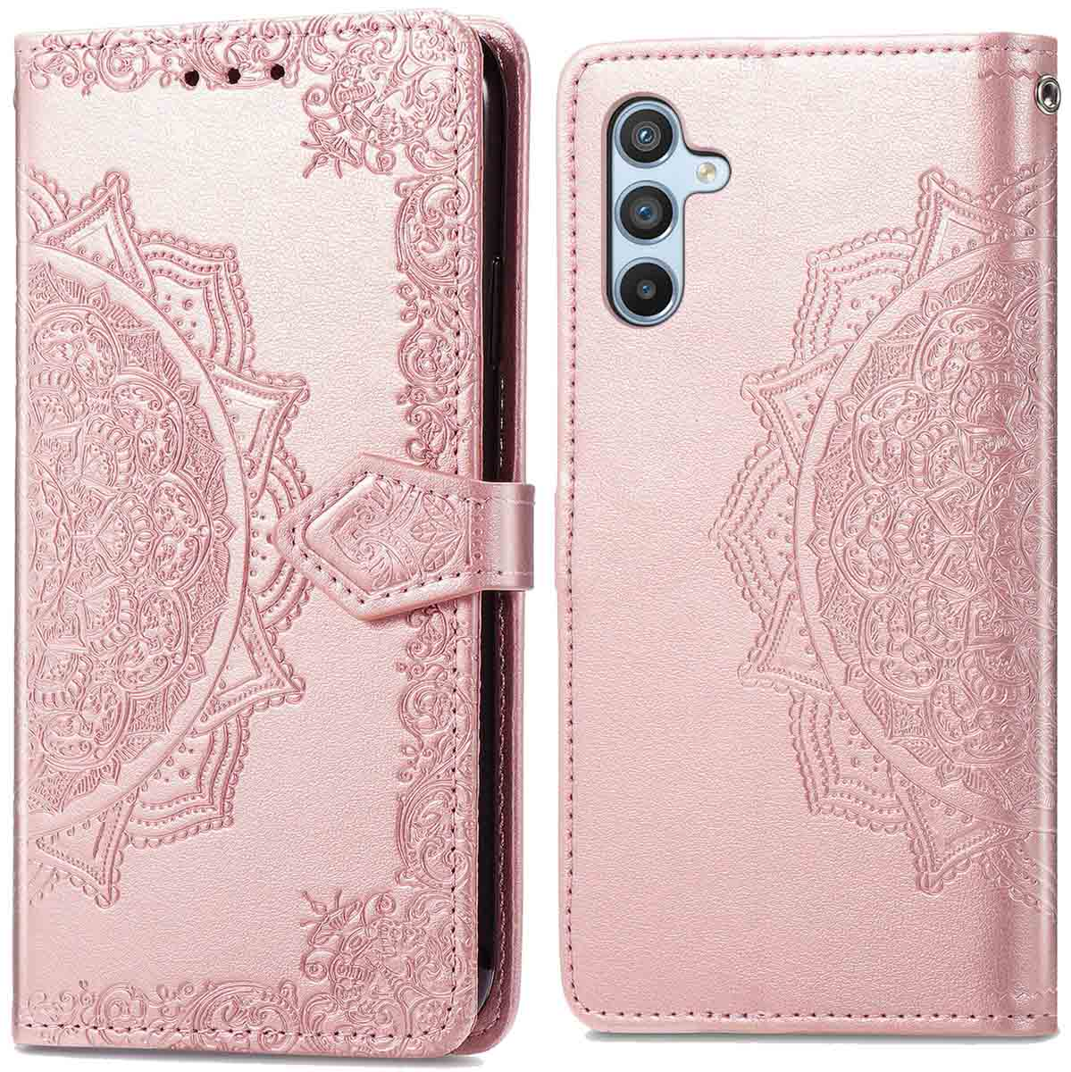 Roze telefoonportemonnee met mandala-ontwerp, houdt telefoon, kaarten en geld vast. Decoratieve bloemenranden.