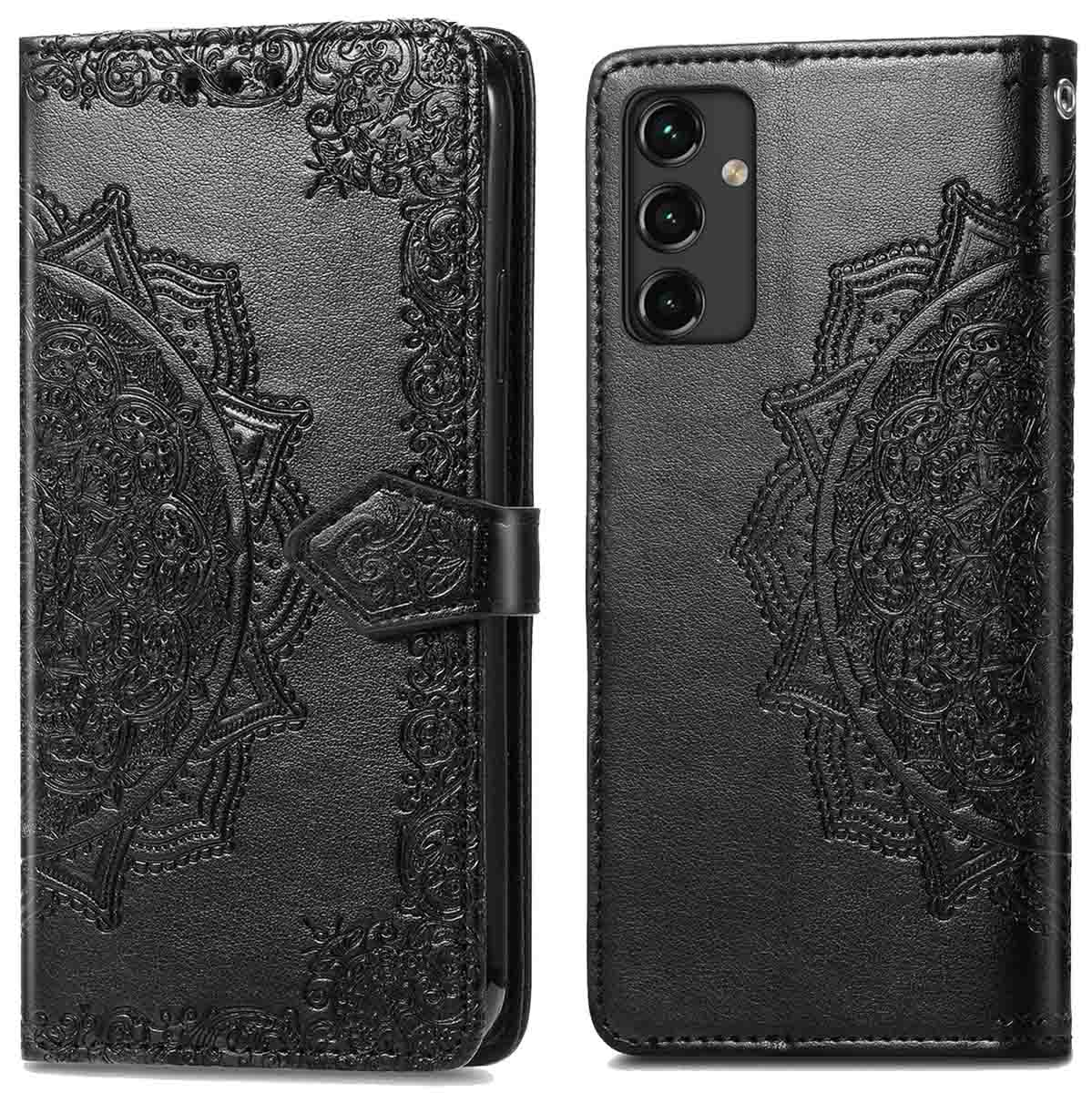 Zwarte telefoonhoes met reliëf, open en dicht. Mandalamotief en magnetische sluiting.