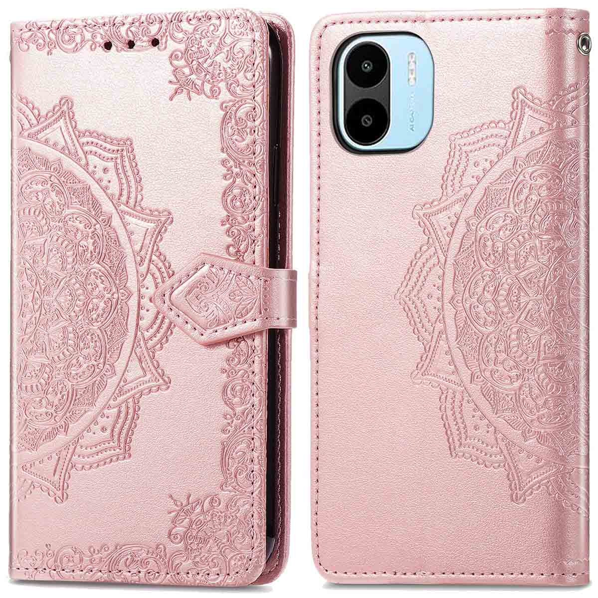 Roze telefoonhoes open, met mandala-ontwerp.