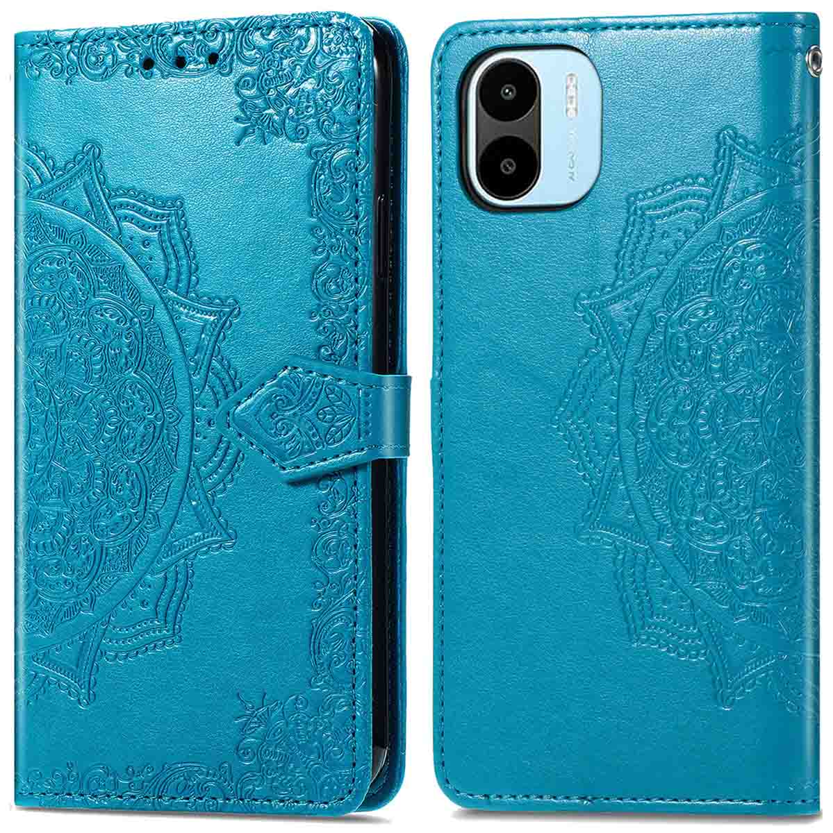 Blauwe telefoonhoes met mandala-ontwerp, open om telefoon te tonen. Leder met knoopsluiting.
