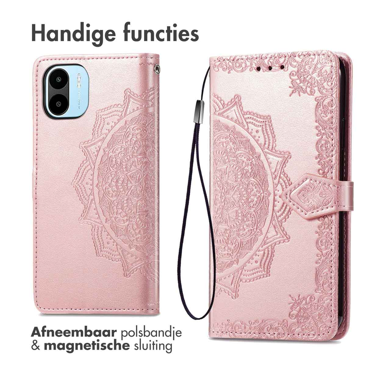Roze telefoonhoes met mandala-ontwerp, afneembare polsband en magnetische sluiting. Open en dicht.