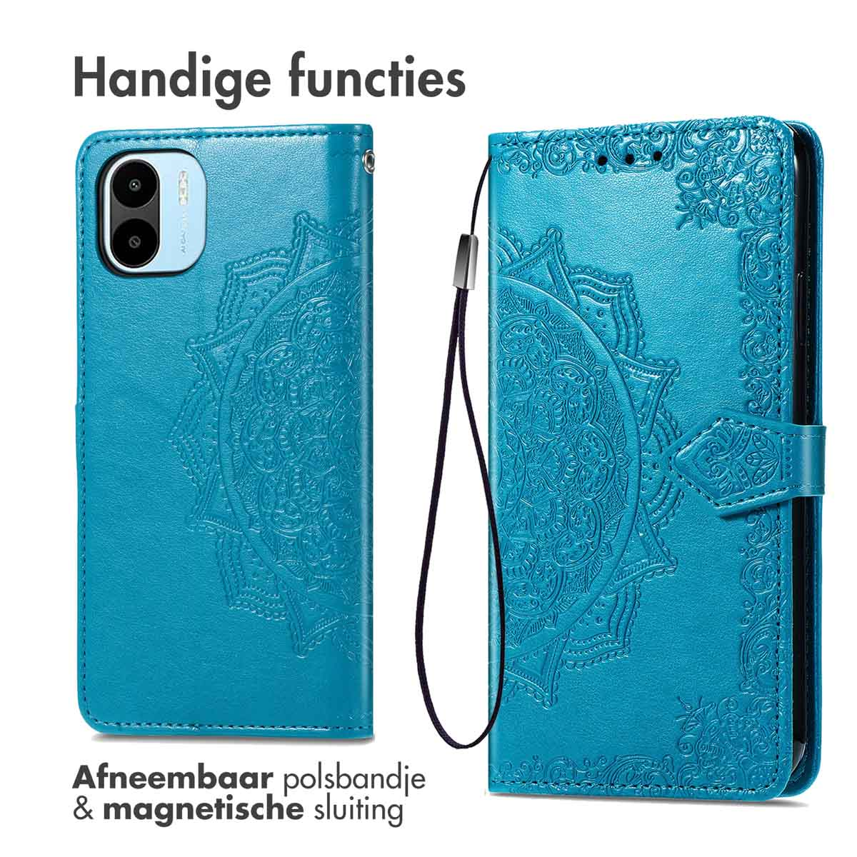 Blauwe telefoonhoes open met een telefoon. De hoes heeft een mandala-patroon.