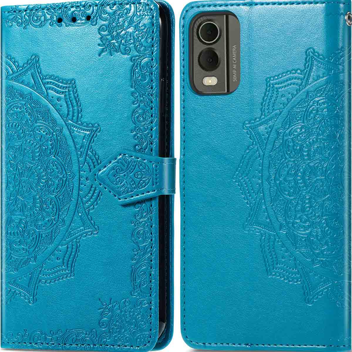 Étui de téléphone turquoise avec motif mandala, ouvert pour montrer le téléphone. Cuir avec bouton.