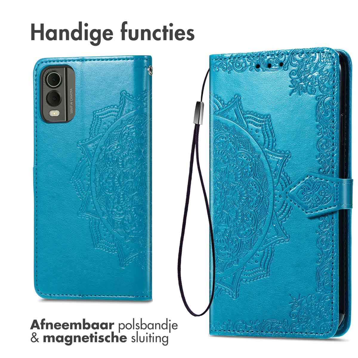 Étui de téléphone turquoise avec motif en relief. Avec dragonne et fermeture magnétique.