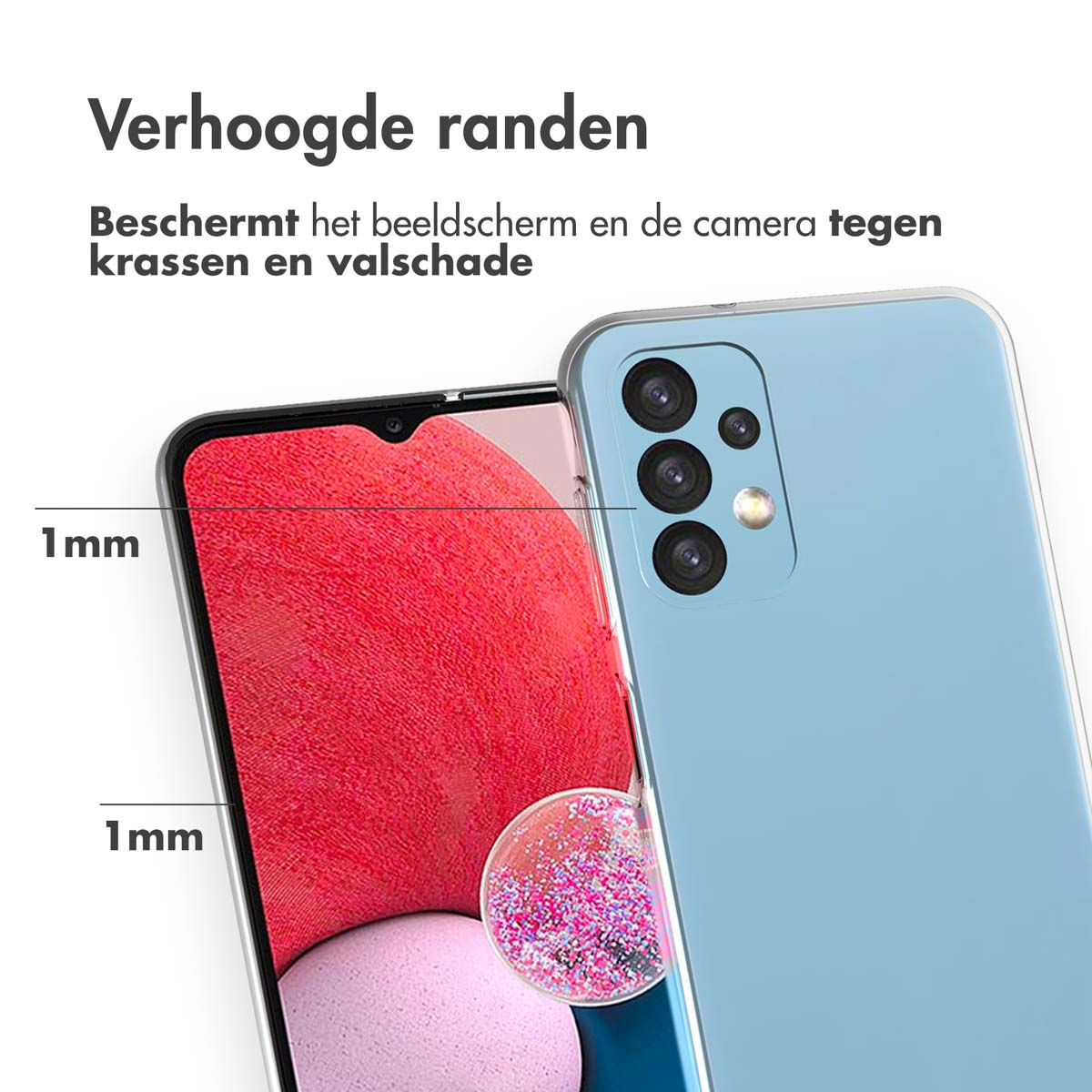Coque de téléphone avec bords surélevés, protégeant l'écran et la caméra. Le téléphone est bleu.