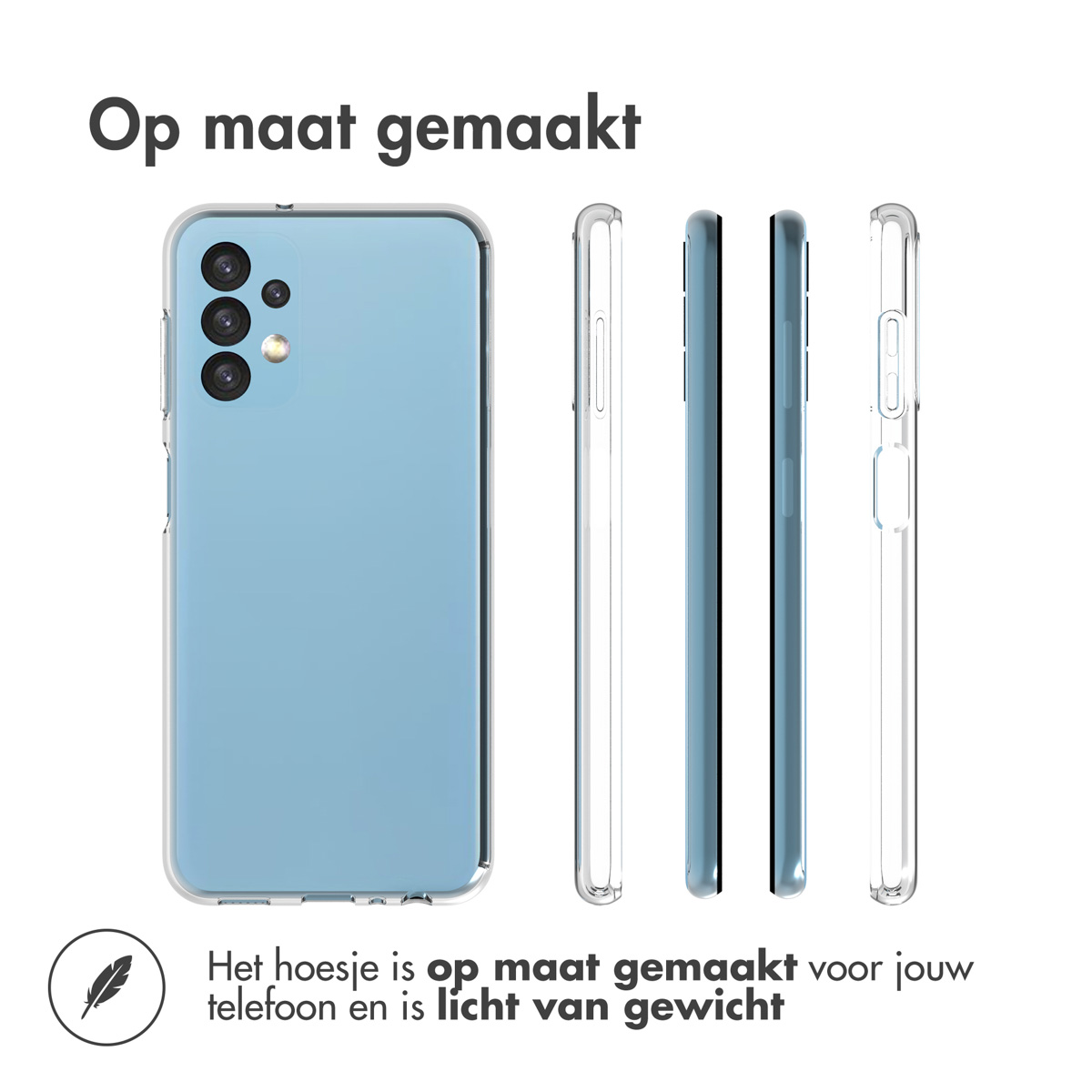 Quatre vues d'une coque de téléphone transparente sur un téléphone bleu. La coque est légère.