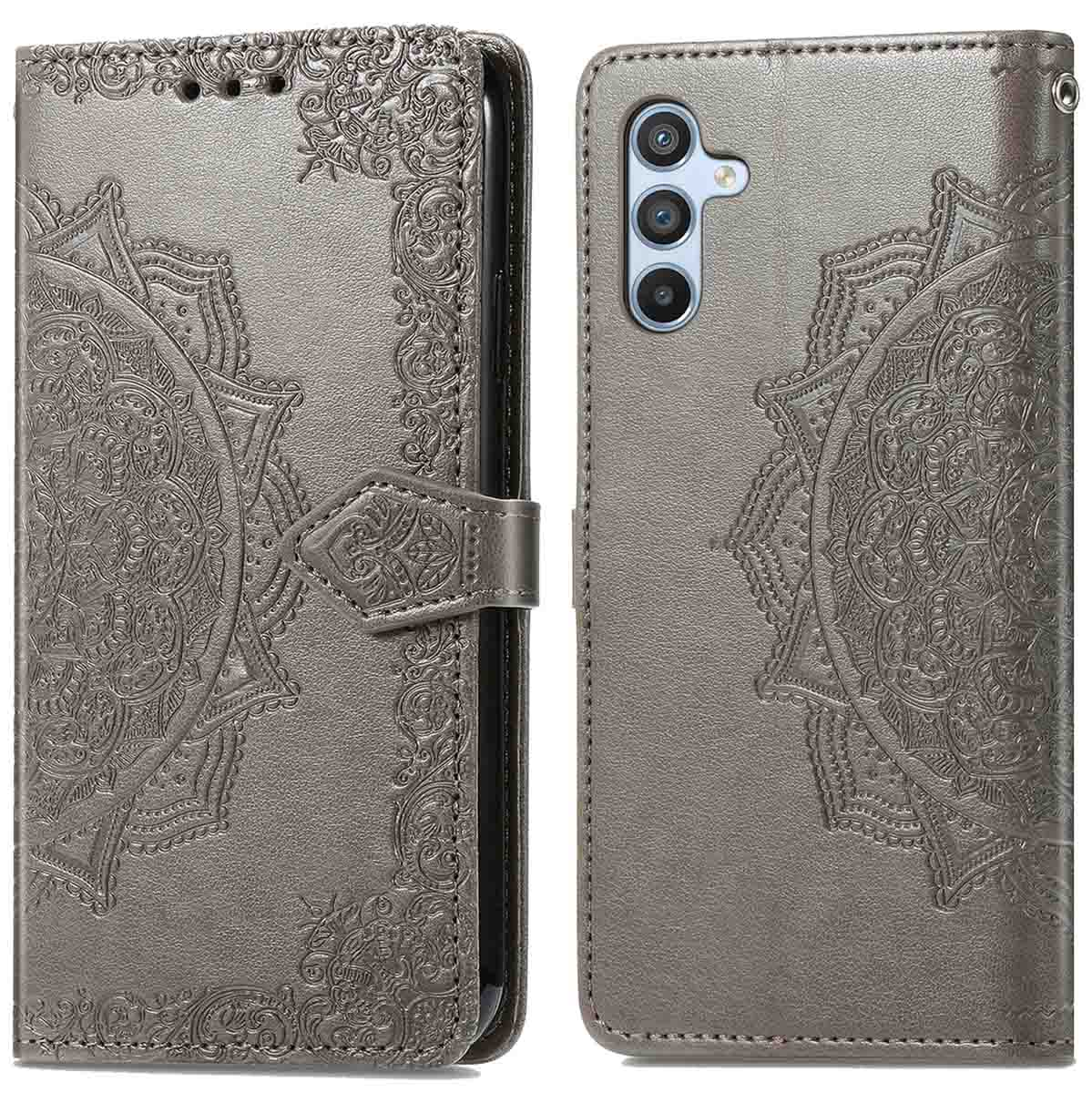 Silberne Handyhülle mit Mandala-Design. Die Handyhülle ist offen und geschlossen.