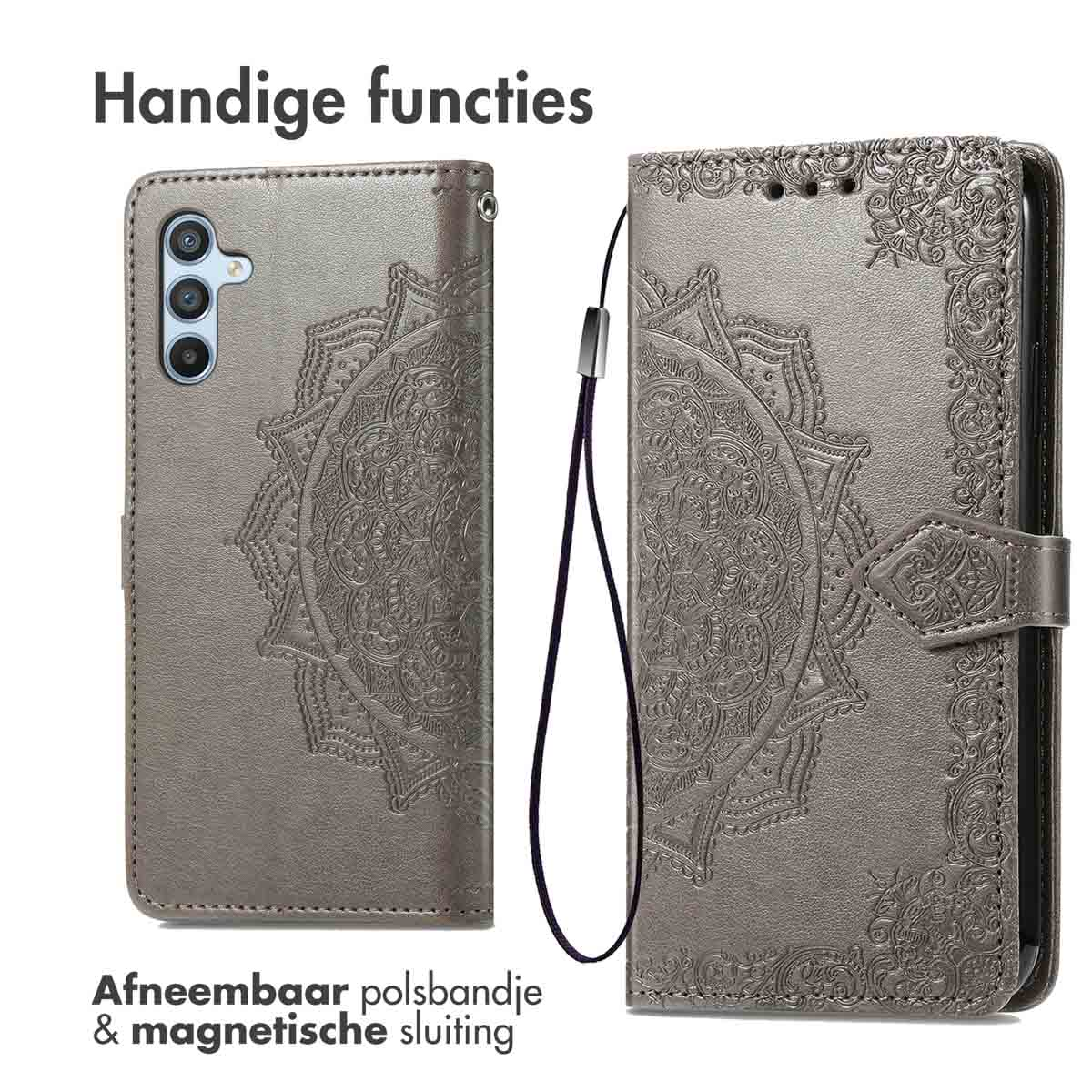 Graue Handyhülle mit Mandala-Design, abnehmbarer Handschlaufe und Magnetverschluss. Ansichten offen und geschlossen.