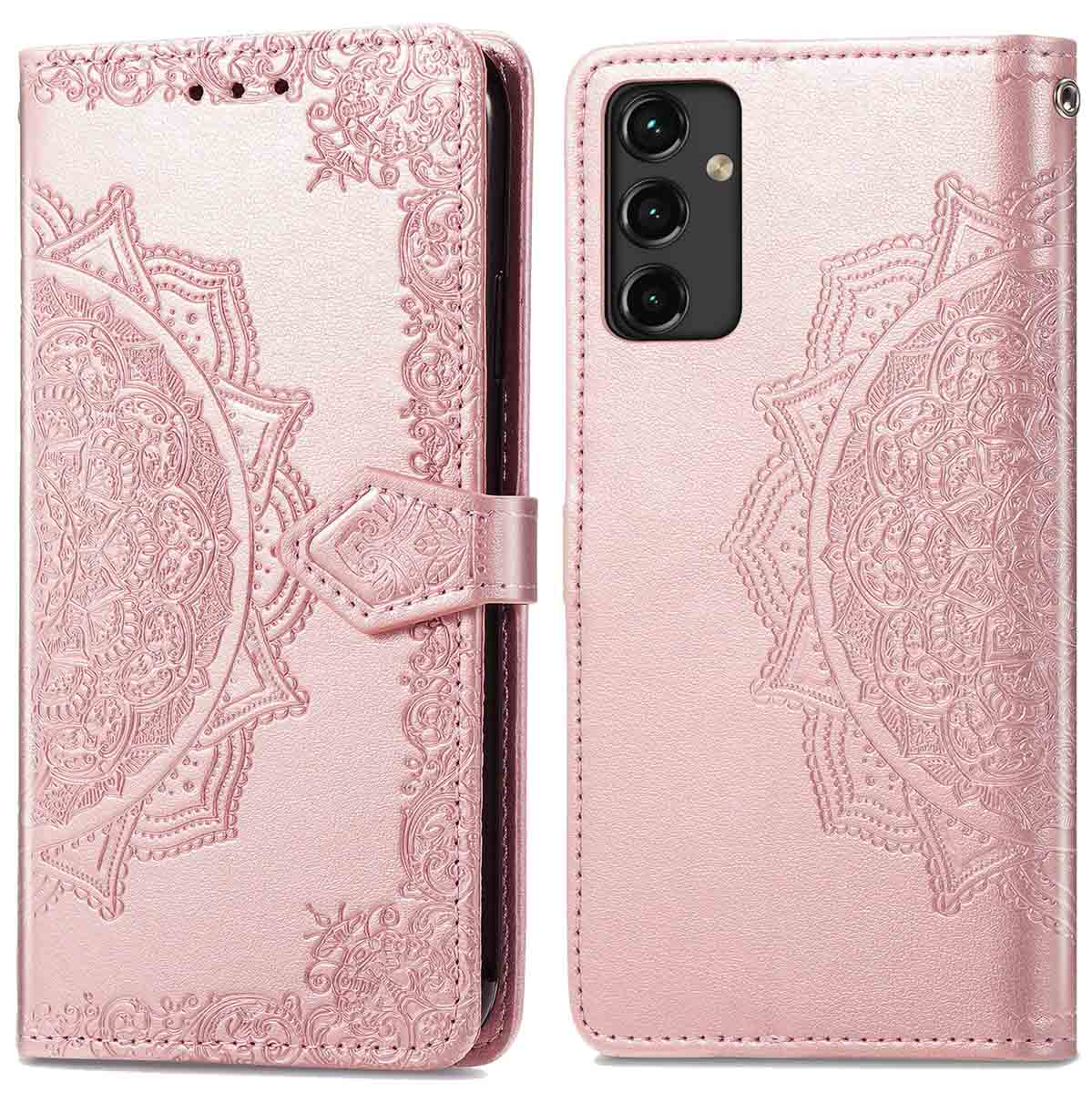 Roze telefoonhoesje met reliëfdesign. Met magnetische sluiting en camera-uitsparing.