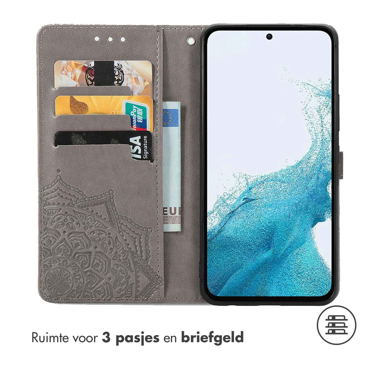Graue Handyhülle offen mit Karten, Geld und Telefon mit blauem Bildschirm. Text: Platz für 3 Karten und Geld.