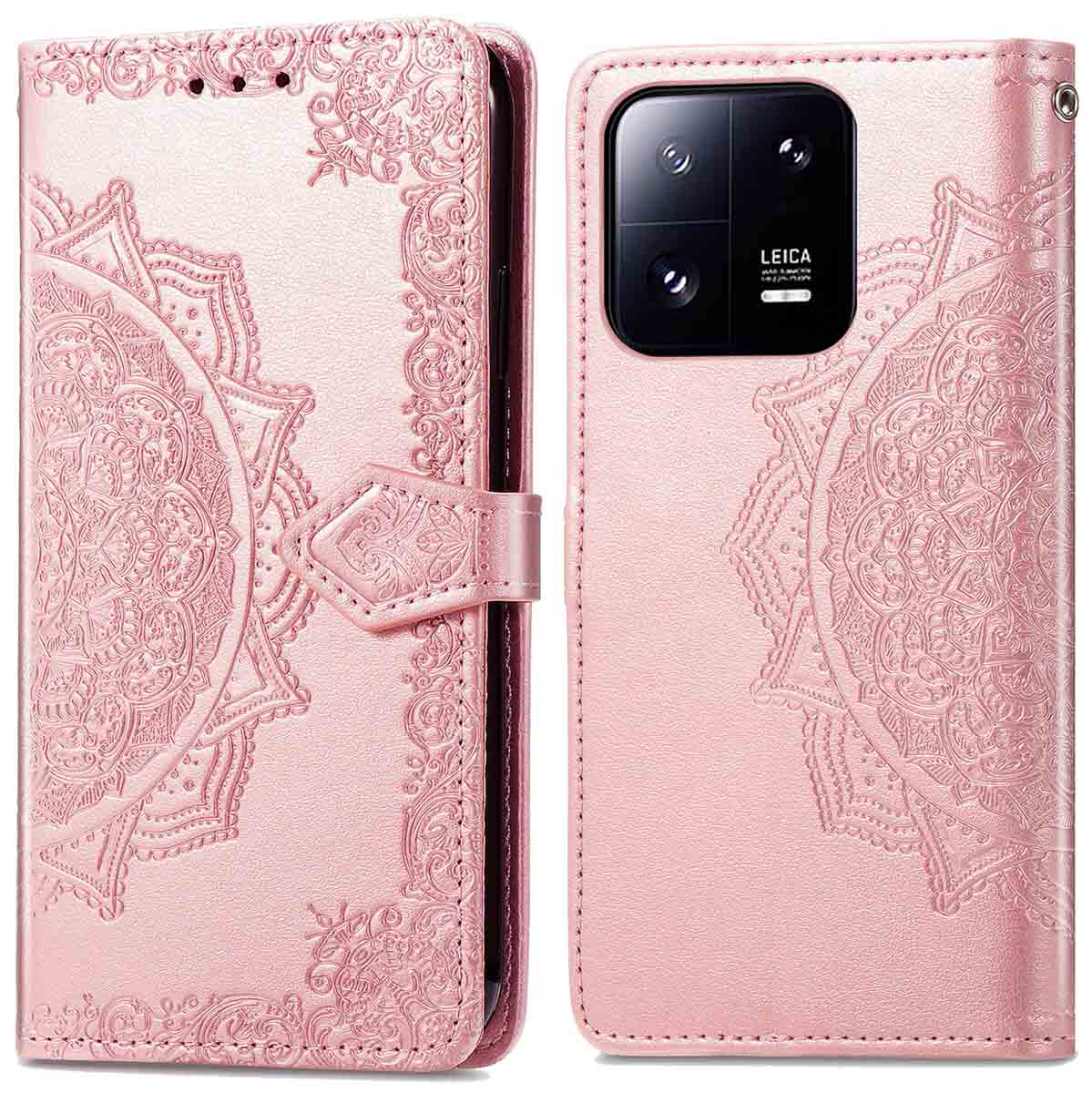 Étui de téléphone rose avec motif mandala, téléphone à droite, étui ouvert à gauche.