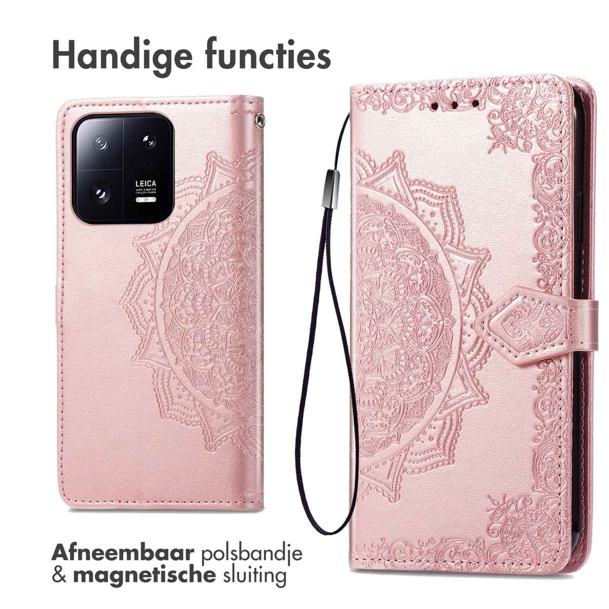 Étui portefeuille rose pour téléphone avec motif mandala. Montre une dragonne et une fermeture magnétique. Texte néerlandais.