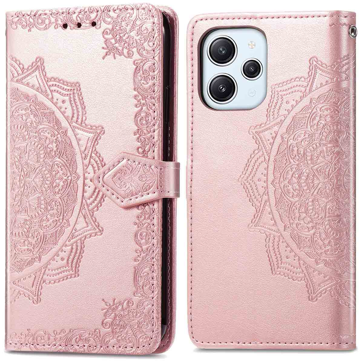 Étui de téléphone en cuir rose avec motif mandala, fermeture magnétique et découpe pour téléphone.