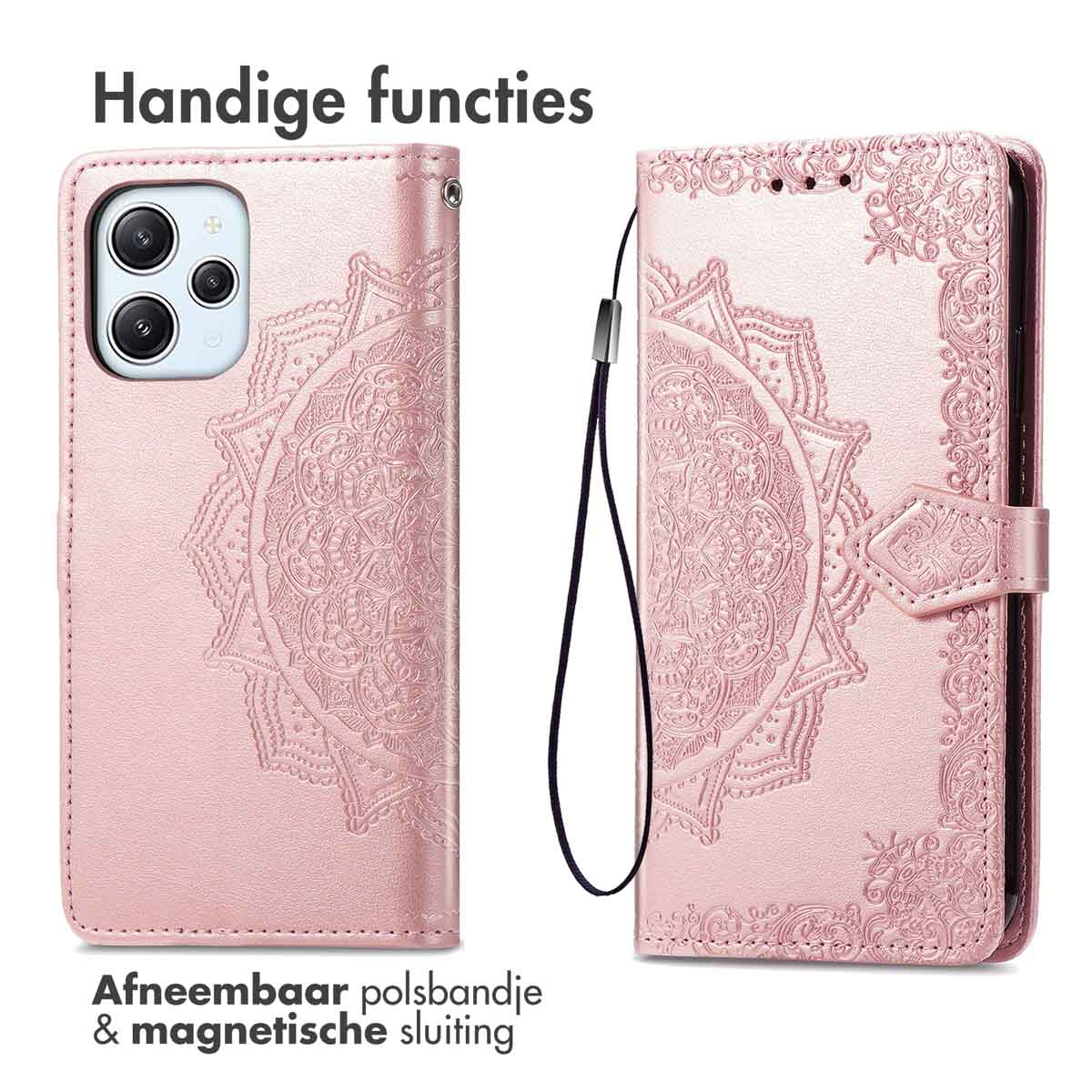 Coque de téléphone rose, ouverte et fermée, avec motif mandala, fermeture magnétique et cordon.