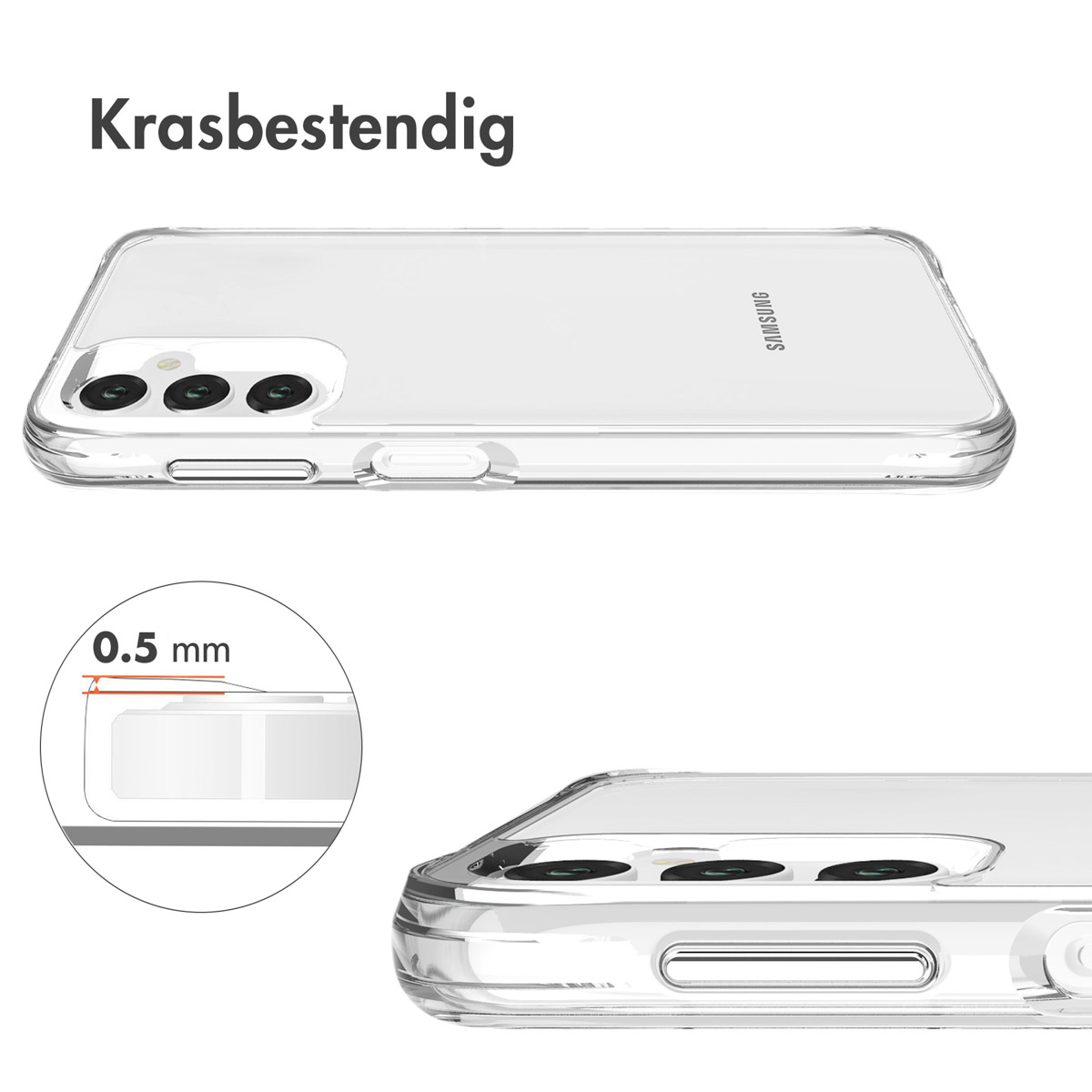 Transparante telefoonhoes met telefoon. Close-up toont randen en camera-uitsparingen.