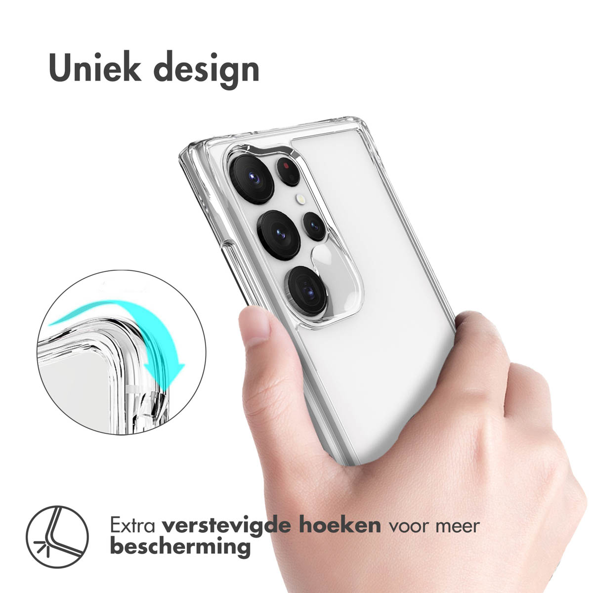 Een doorzichtige telefoonhoes met een telefoon erin. De hoes heeft versterkte hoeken. Tekst: 'Uniek ontwerp'.