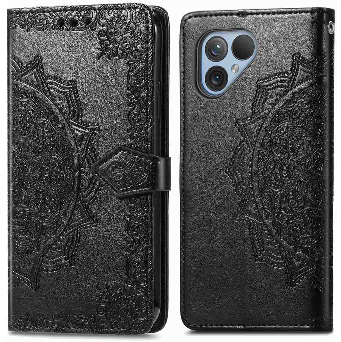 Zwarte telefoonhoes, open en dicht, met reliëf mandala-ontwerp en magnetische sluiting.