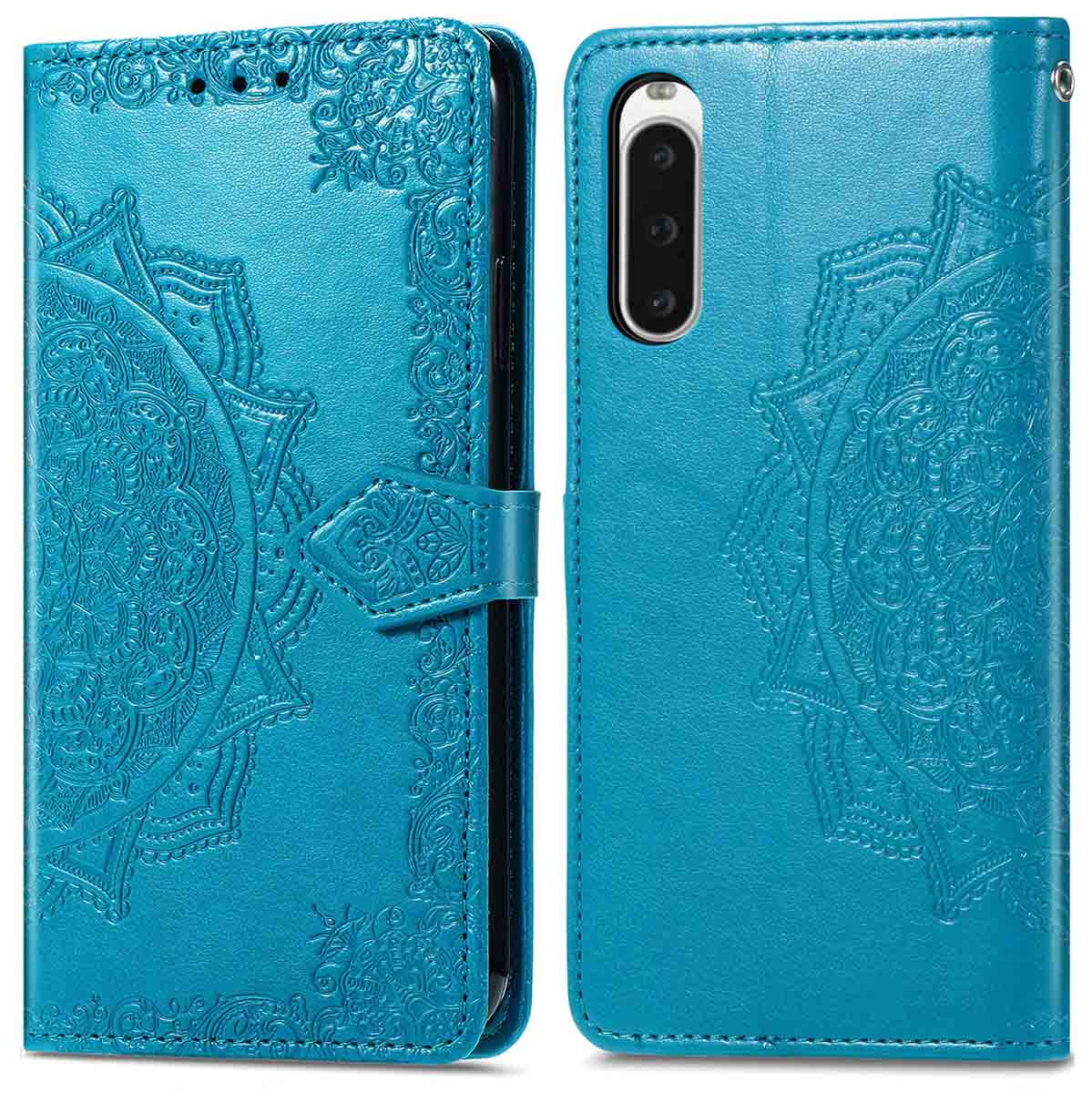 Turquoise telefoonhoes, open en dicht, met reliëf mandala-ontwerp en magnetische sluiting.