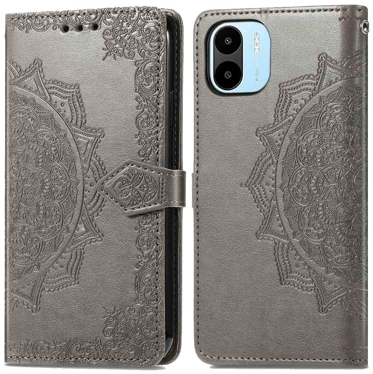 Grijze telefoonhoes open, met mandala-ontwerp.