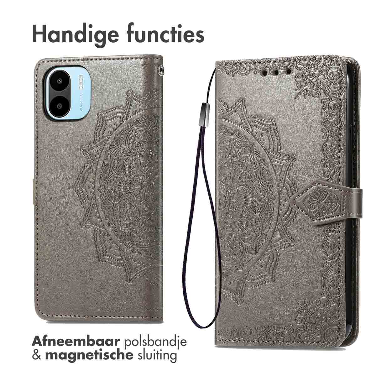 Grijs telefoonhoesje met reliëfdesign. Met polsbandje en magnetische sluiting.