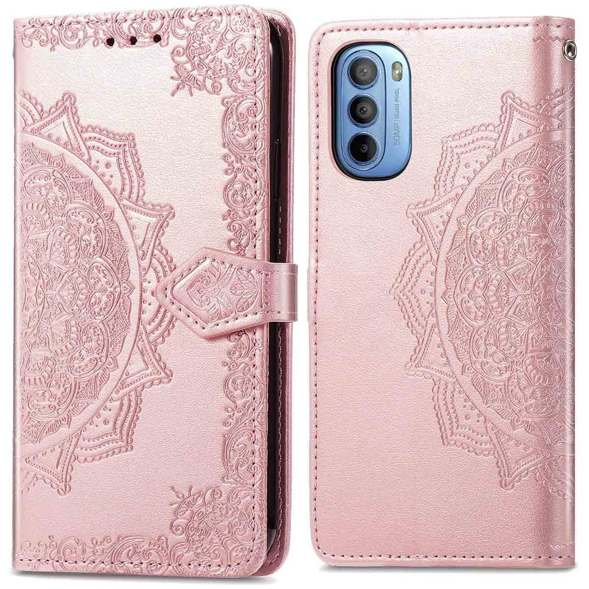 Étui de téléphone rose avec motif décoratif. Le téléphone est à droite.