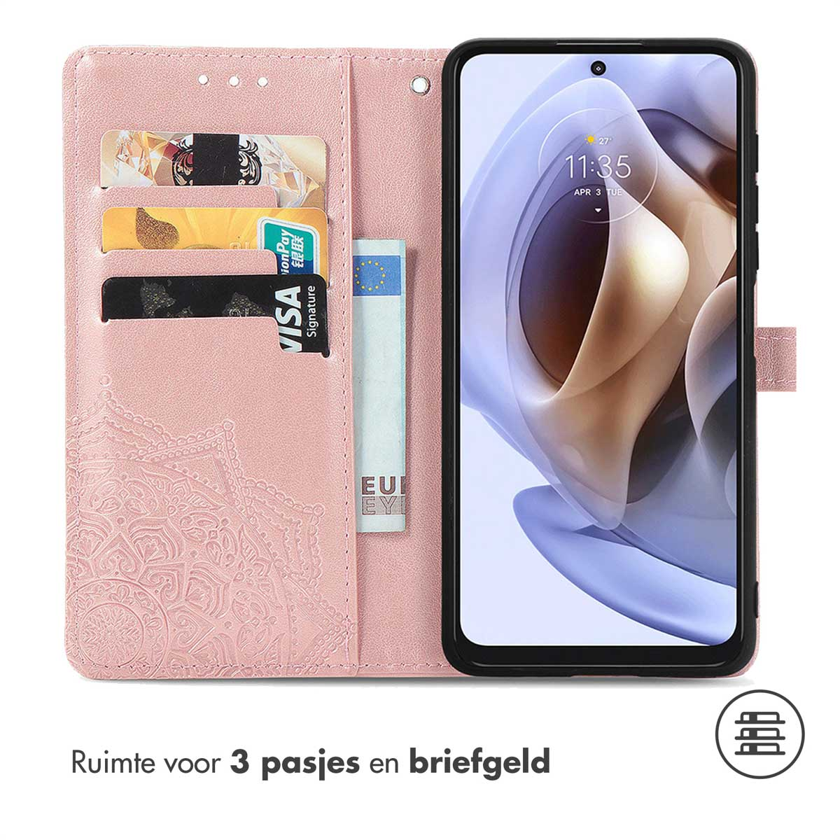Coque de téléphone rose avec un motif mandala, contenant un téléphone avec un écran affichant l'heure. Contient 3 cartes et de l'argent liquide.